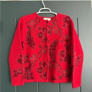 Susan Bristol Red Floral Cardigan 100% Wool